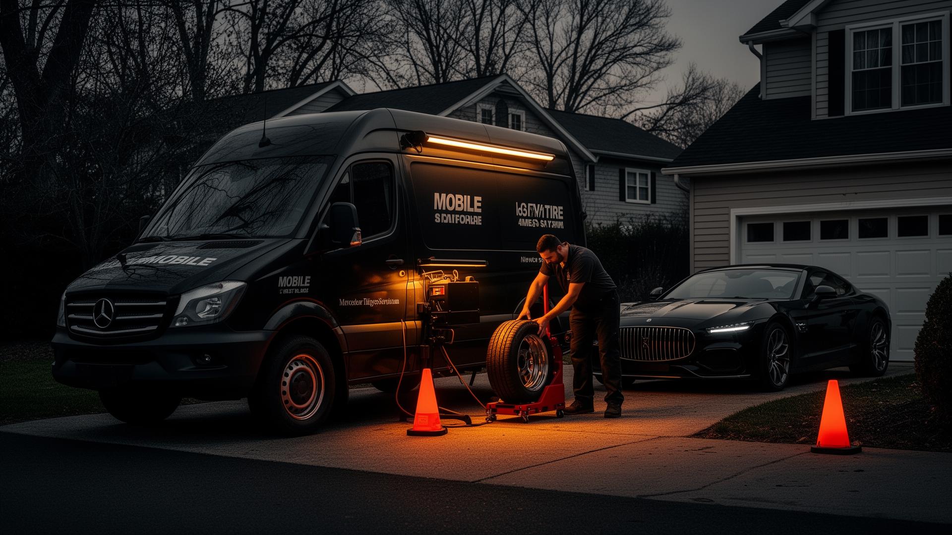 Mobile tire technician changing a tire on a driveway in New Jersey